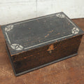 Lot 080 - Antique Black Painted And Stenciled Wooden Storage Box With Hinged Lid