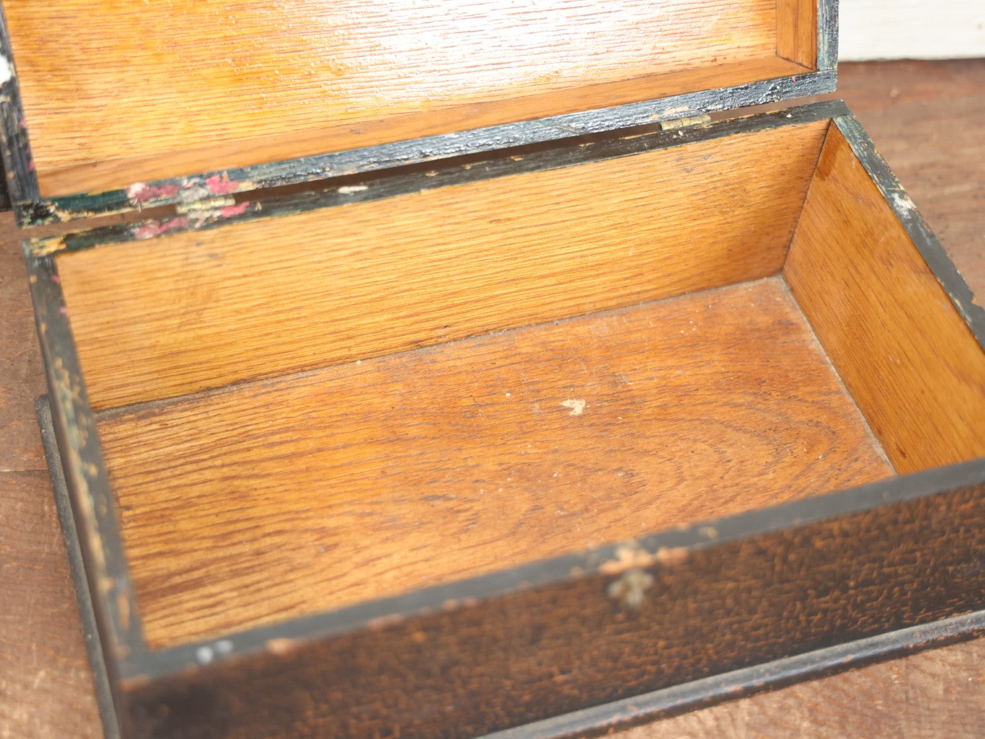 Lot 080 - Antique Black Painted And Stenciled Wooden Storage Box With Hinged Lid