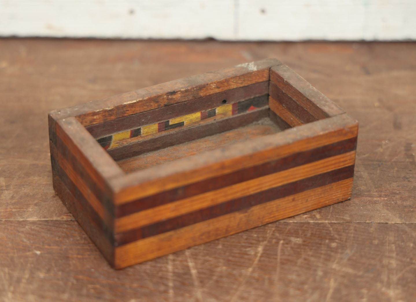 Lot 082 - Antique Folk Made Small Size Box With Multiple Types Of Wood, Parts Of Crates, Two Tone