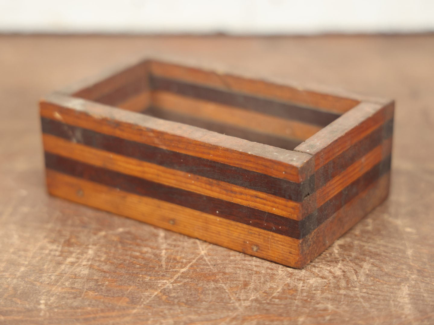 Lot 082 - Antique Folk Made Small Size Box With Multiple Types Of Wood, Parts Of Crates, Two Tone