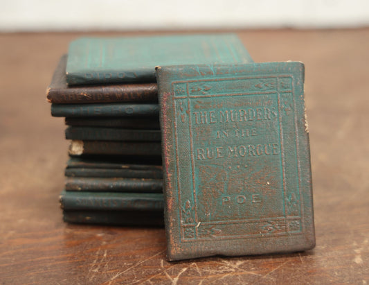 Lot 090 - Grouping Of Twelve Antique Miniature Library Books, Green Group, Including Edgar Allan Poe's "Murders In Rue Morgue,"  "The Sidewalks Of New York," Henrik Ibsen's "Ghosts" And More