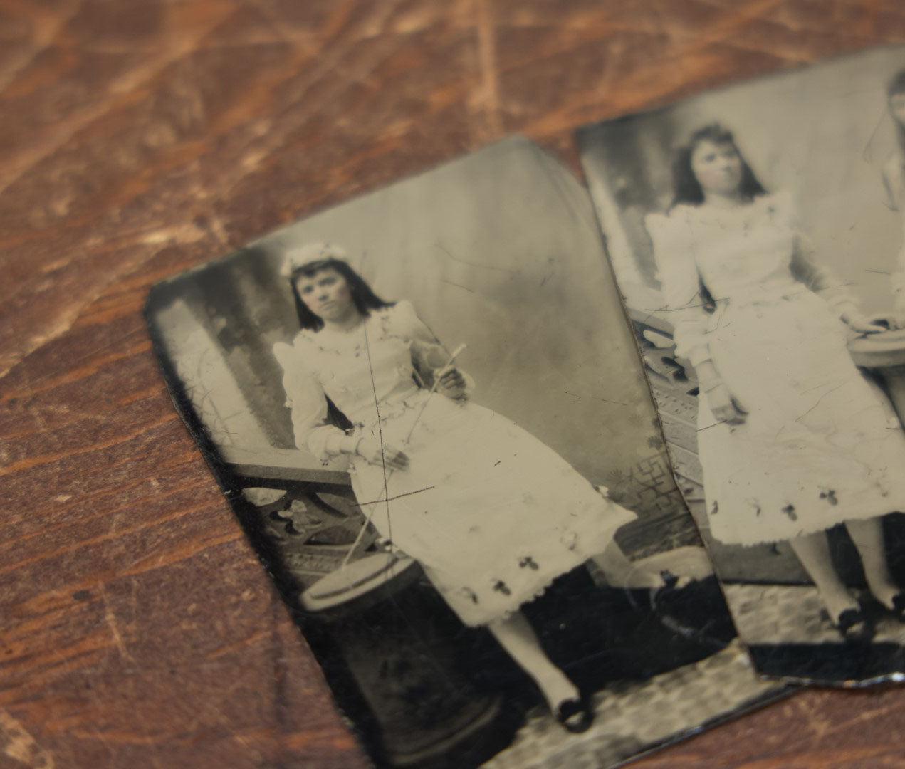 Lot 096 - Grouping Of Three Antique Tintypes Depicting The Same Two Girls, Possibly On First Communion