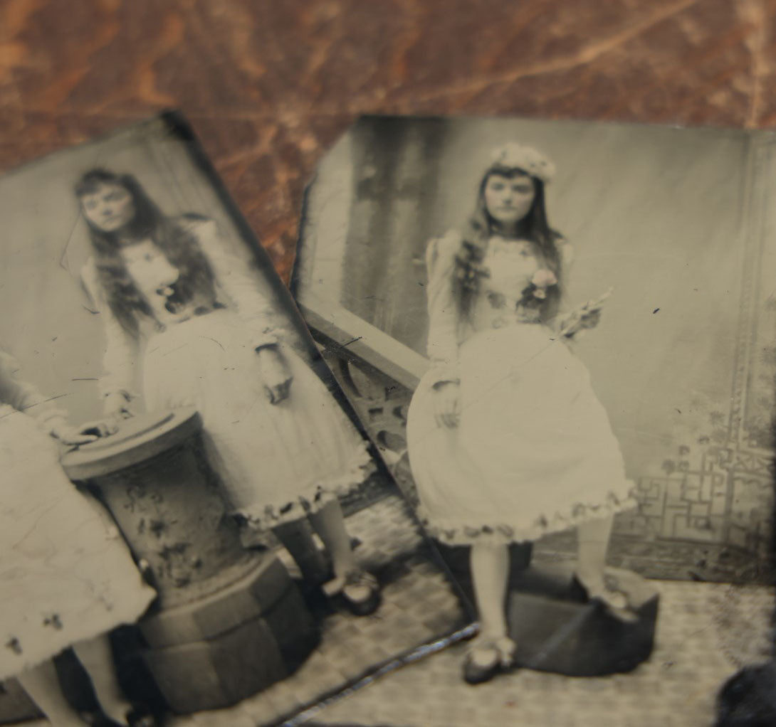 Lot 096 - Grouping Of Three Antique Tintypes Depicting The Same Two Girls, Possibly On First Communion