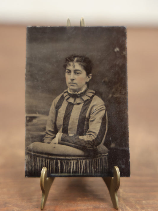 Lot 102 - Antique Tintype Photo Of Woman With Striped Dress, Ruffled Collar, Curl On Forehead