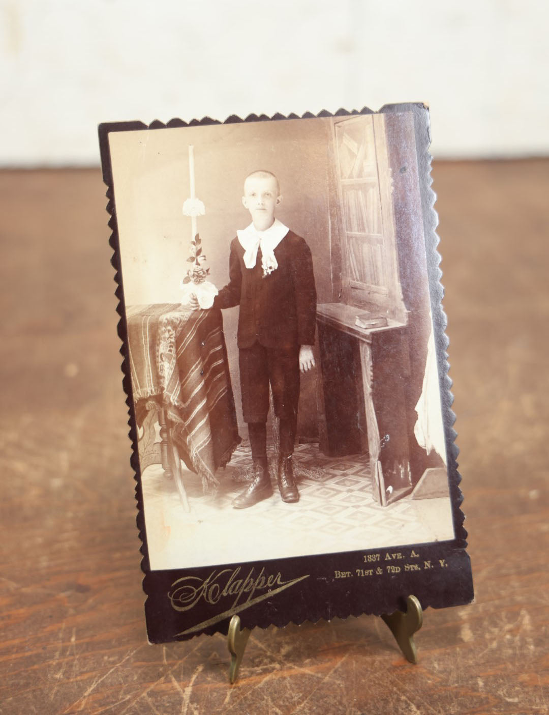 Lot 106 - Antique Cabinet Card Photo Of Unusual Looking Young Boy On First Communion, Holding Candle, Klapper Photographer, New York