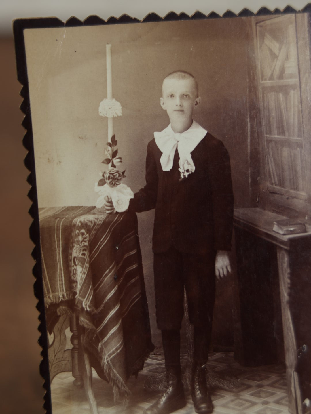 Lot 106 - Antique Cabinet Card Photo Of Unusual Looking Young Boy On First Communion, Holding Candle, Klapper Photographer, New York