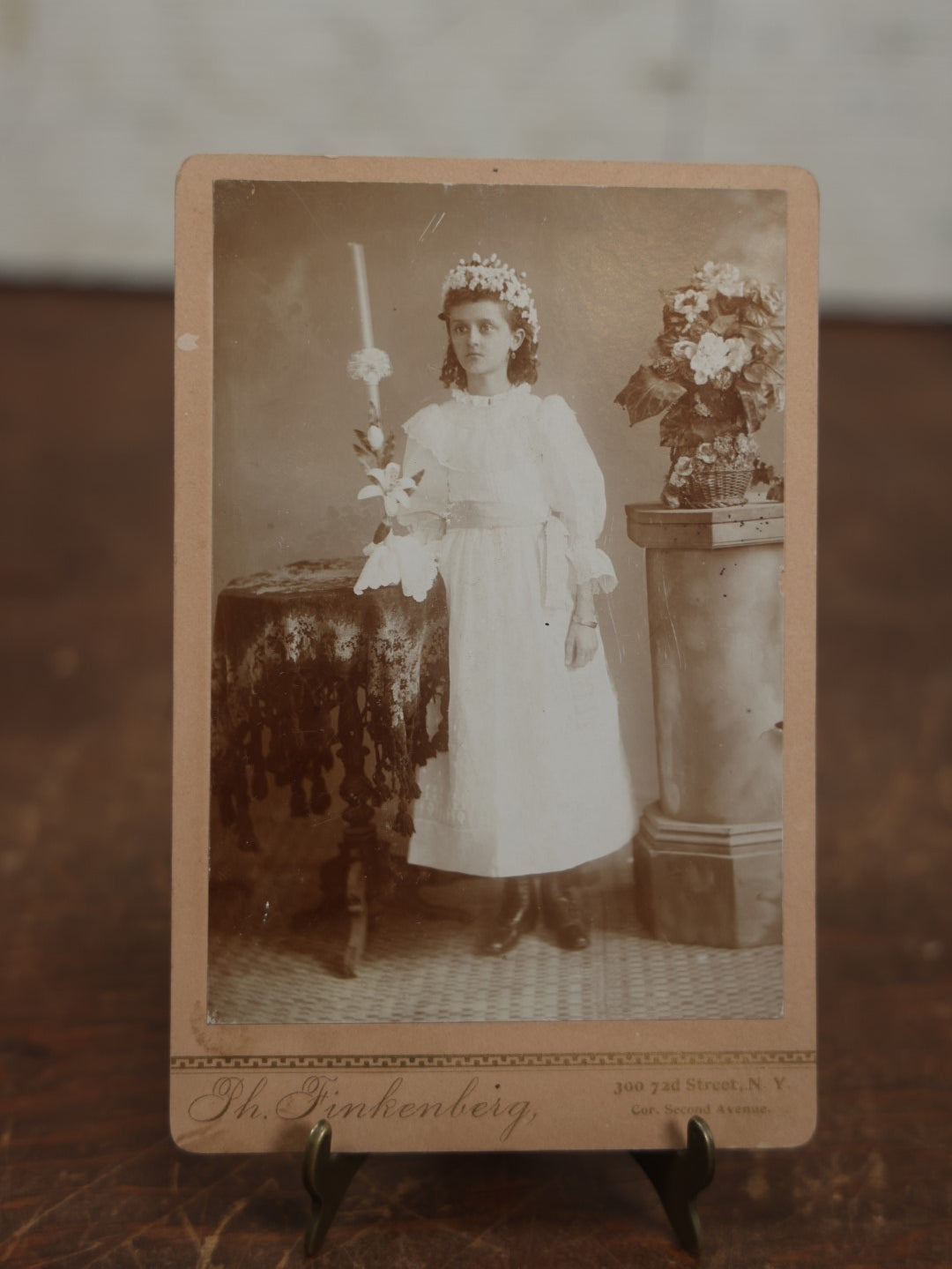 Lot 107 - Antique Cabinet Card Photo Of Young Girl On First Communion, Holding Candle, Finkenberg Photographer, New York