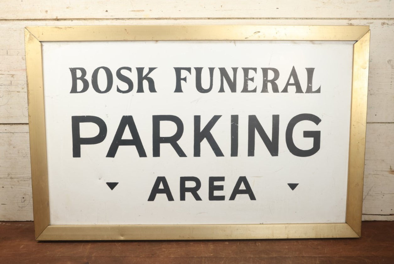 Lot 001 - Vintage Hand Painted Funeral Home Parking Area Sign, Bosk Funeral Home, Fitchburg, Massachusetts, Double Sided Tin & Wood, 35" x 22-1/4"