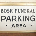 Lot 001 - Vintage Hand Painted Funeral Home Parking Area Sign, Bosk Funeral Home, Fitchburg, Massachusetts, Double Sided Tin & Wood, 35" x 22-1/4"