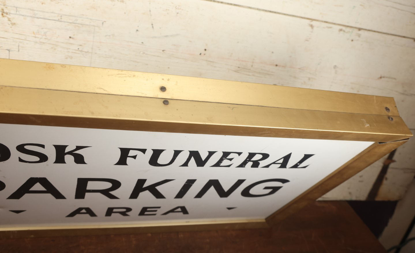 Lot 001 - Vintage Hand Painted Funeral Home Parking Area Sign, Bosk Funeral Home, Fitchburg, Massachusetts, Double Sided Tin & Wood, 35" x 22-1/4"