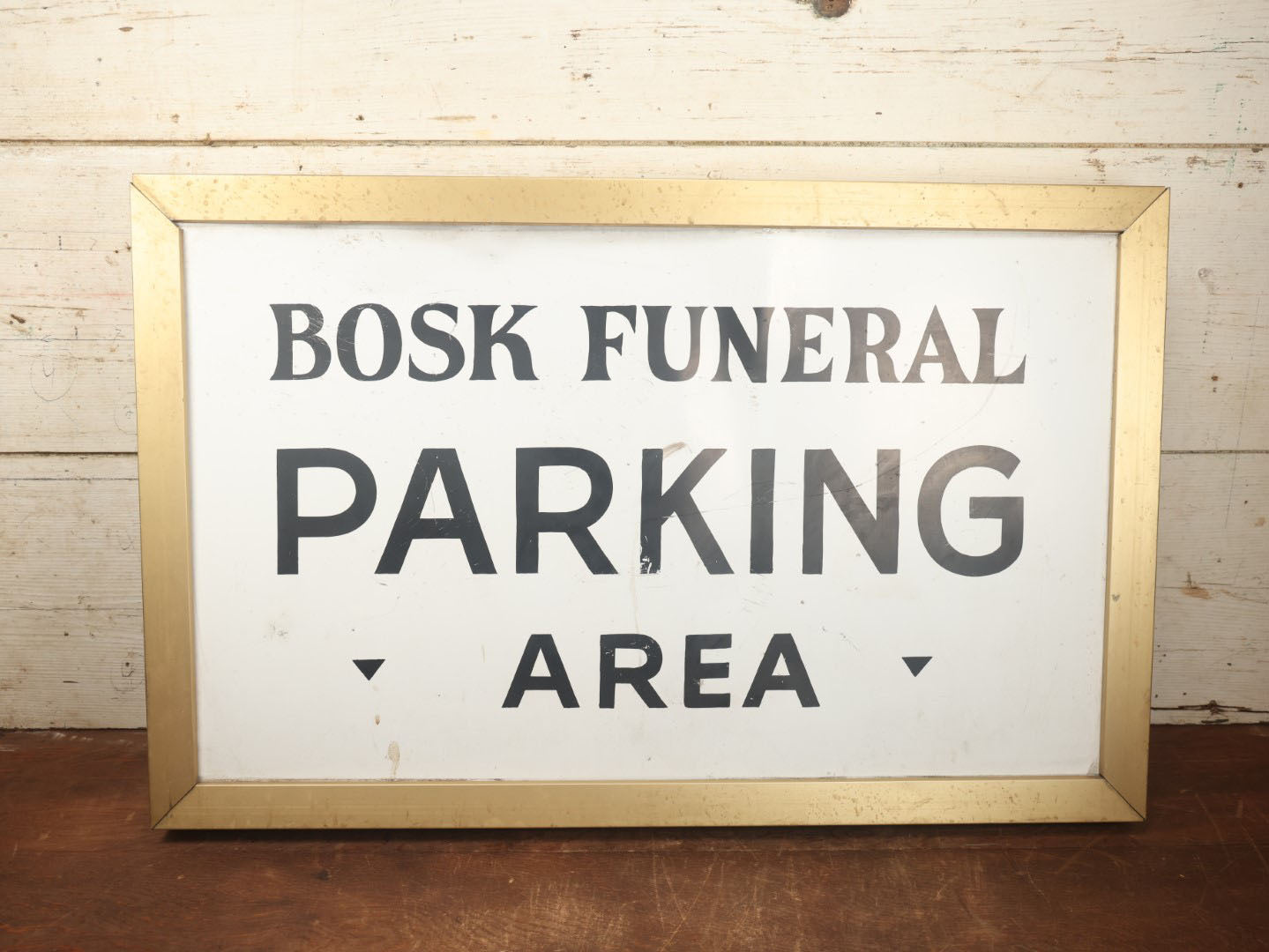 Lot 001 - Vintage Hand Painted Funeral Home Parking Area Sign, Bosk Funeral Home, Fitchburg, Massachusetts, Double Sided Tin & Wood, 35" x 22-1/4"