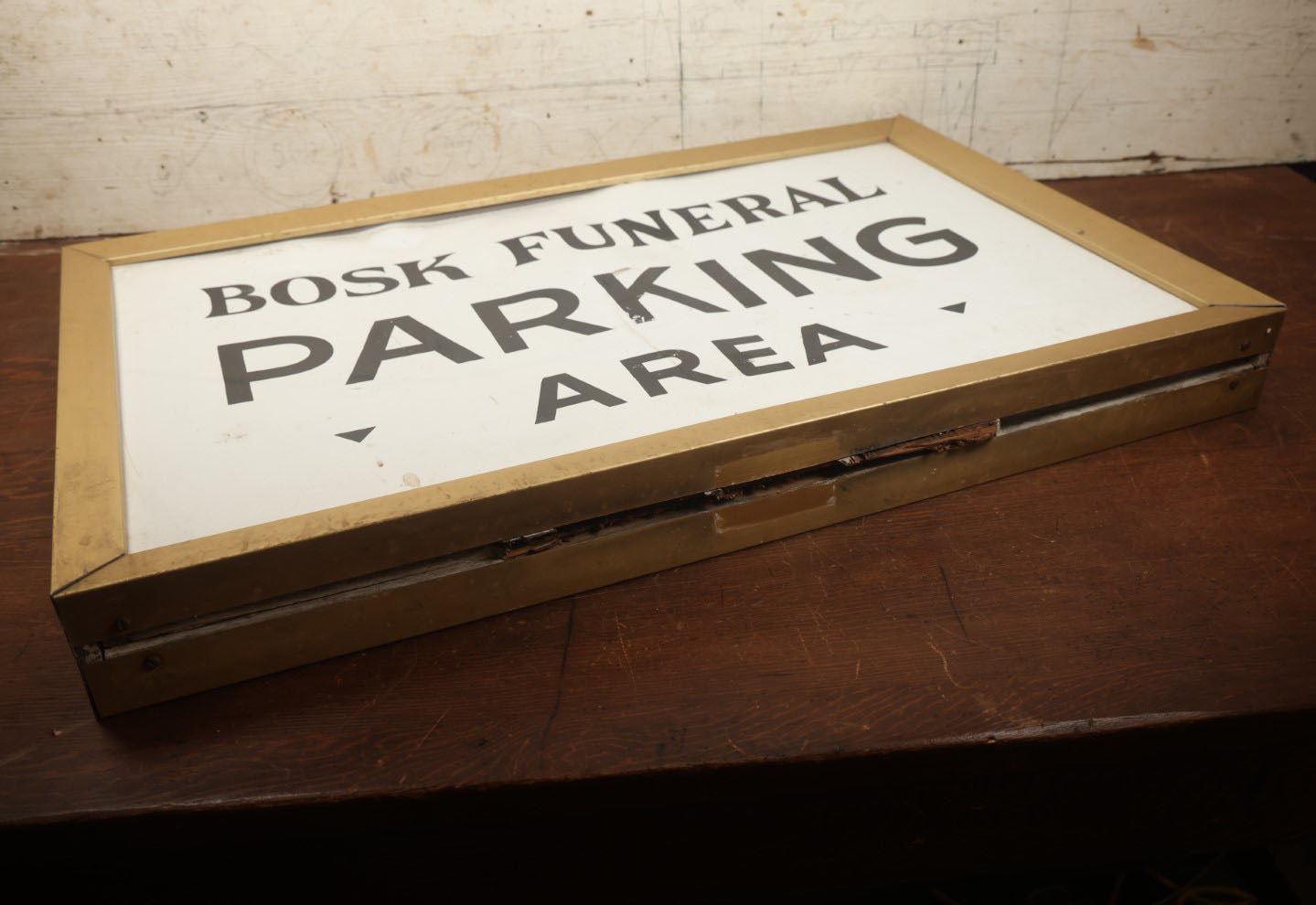 Lot 001 - Vintage Hand Painted Funeral Home Parking Area Sign, Bosk Funeral Home, Fitchburg, Massachusetts, Double Sided Tin & Wood, 35" x 22-1/4"