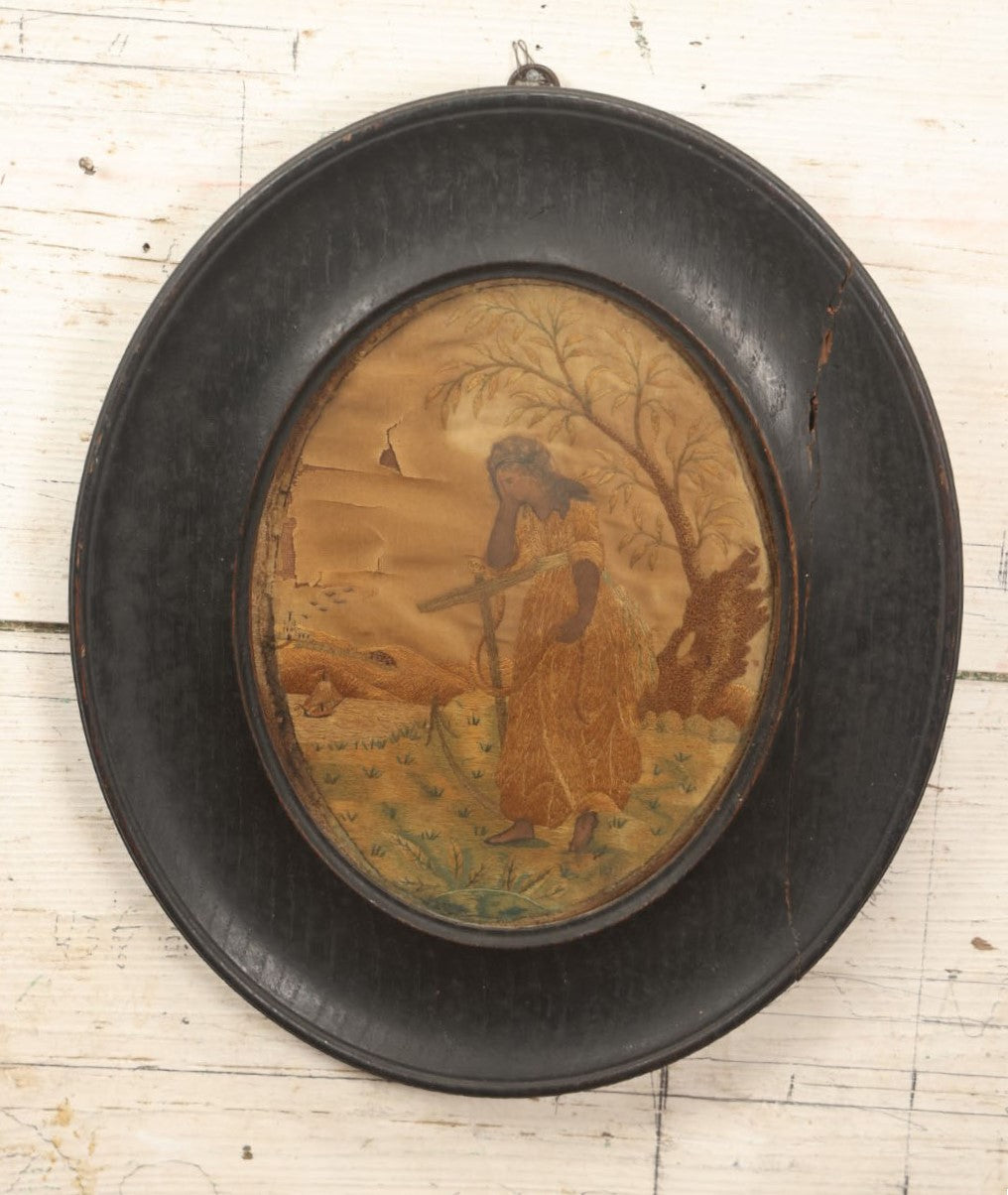 Lot 007 - Antique Sailor's Widow Mourning Embroidery In Frame, Circa 1840, Woman Crying With Anchor On Shore