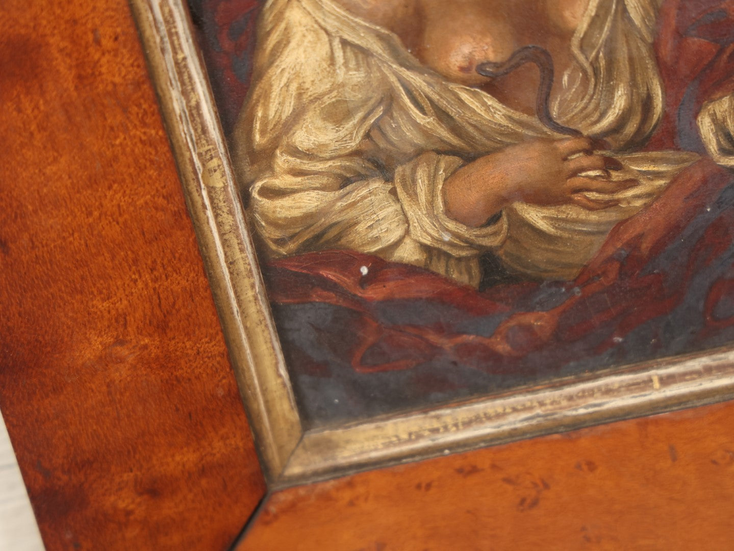 Lot 008 - 19th Century Oil On Canvas Painting Of Cleopatra With The Asp, Suicide And Death, After After Guido Reni (Italian, 1575-1642), In Birdseye Maple Frame