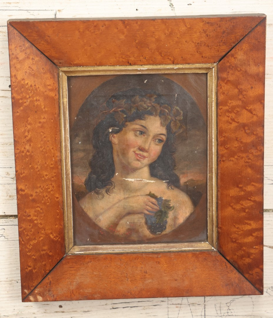 Lot 009 - 19th Century Oil On Canvas Painting Depicting A Woman In A Laurel Crown With Grapes, Likely After Another Work, Greek Or Roman Goddess, In Birdseye Maple Frame