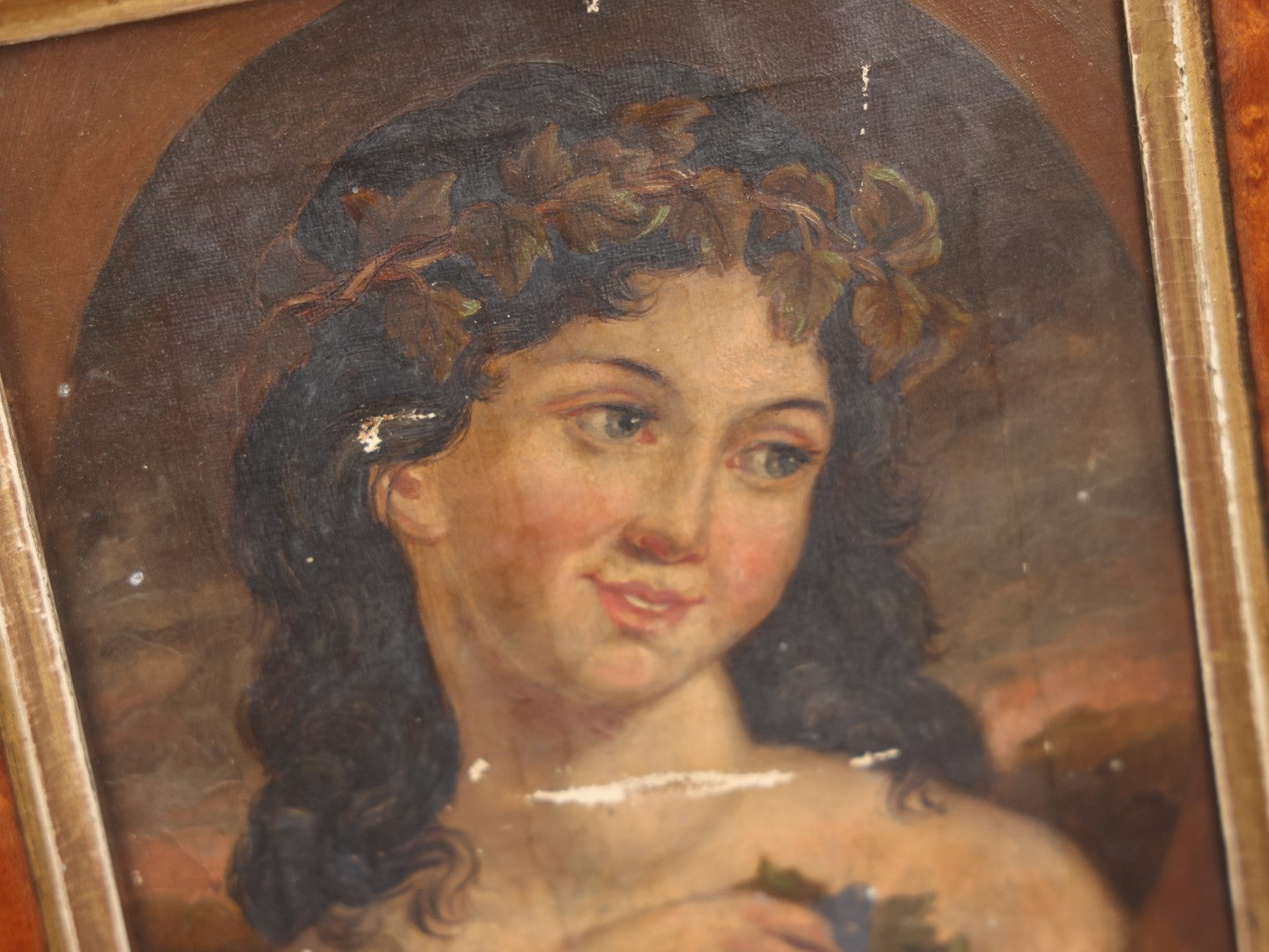 Lot 009 - 19th Century Oil On Canvas Painting Depicting A Woman In A Laurel Crown With Grapes, Likely After Another Work, Greek Or Roman Goddess, In Birdseye Maple Frame