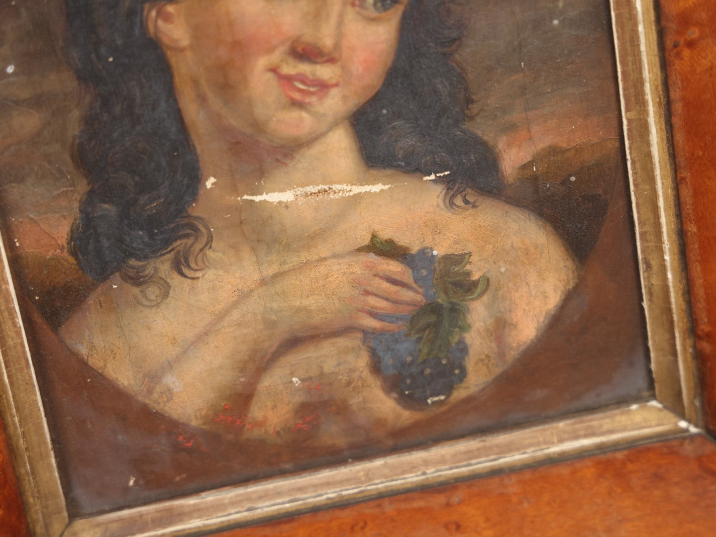 Lot 009 - 19th Century Oil On Canvas Painting Depicting A Woman In A Laurel Crown With Grapes, Likely After Another Work, Greek Or Roman Goddess, In Birdseye Maple Frame