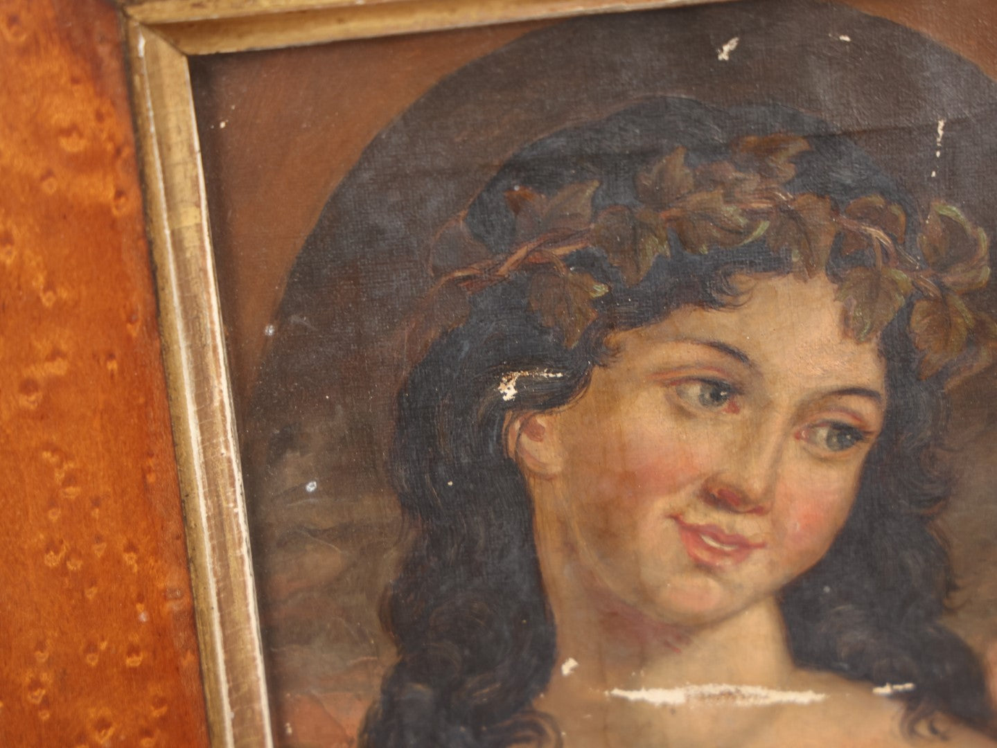 Lot 009 - 19th Century Oil On Canvas Painting Depicting A Woman In A Laurel Crown With Grapes, Likely After Another Work, Greek Or Roman Goddess, In Birdseye Maple Frame