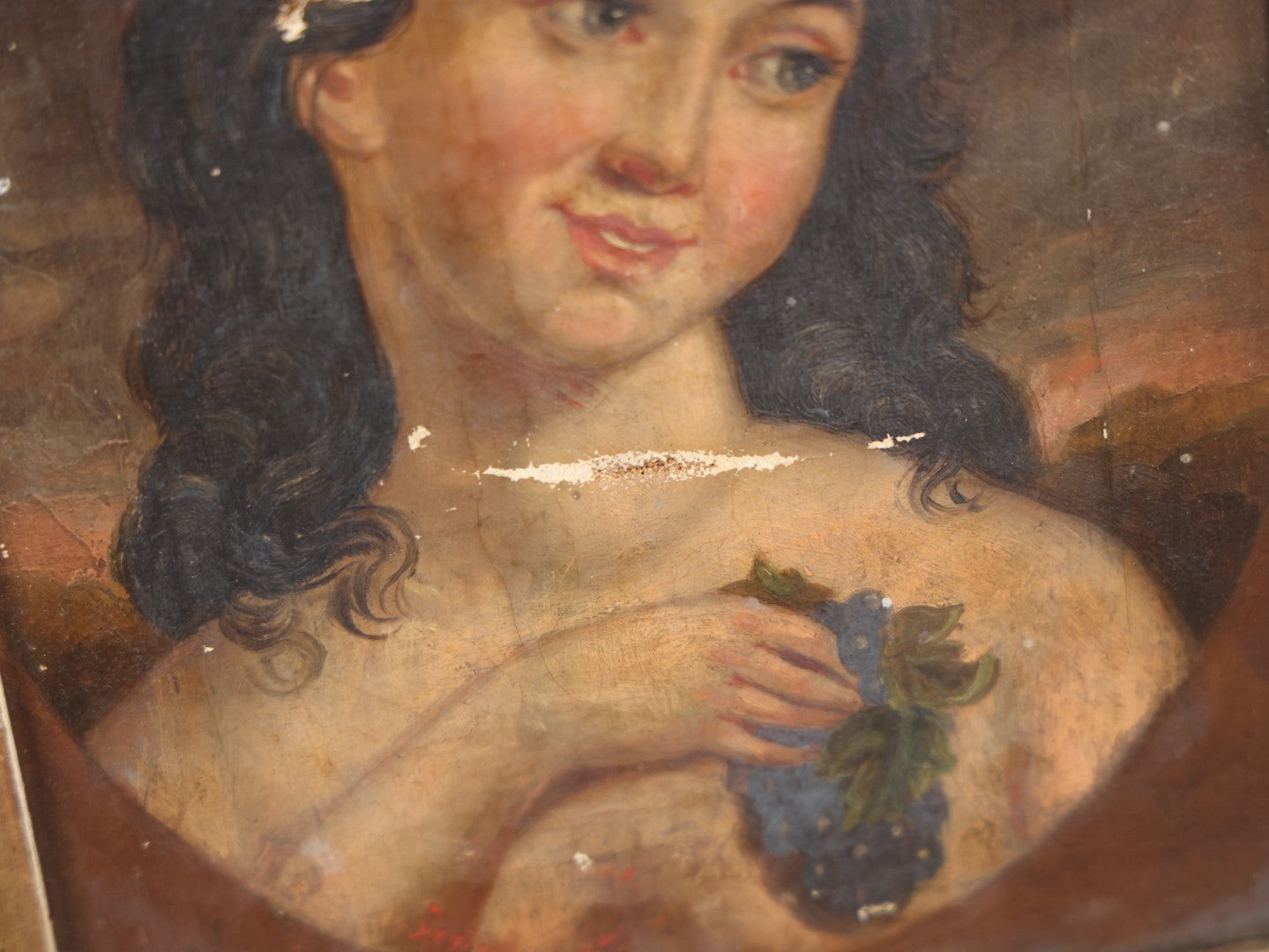 Lot 009 - 19th Century Oil On Canvas Painting Depicting A Woman In A Laurel Crown With Grapes, Likely After Another Work, Greek Or Roman Goddess, In Birdseye Maple Frame