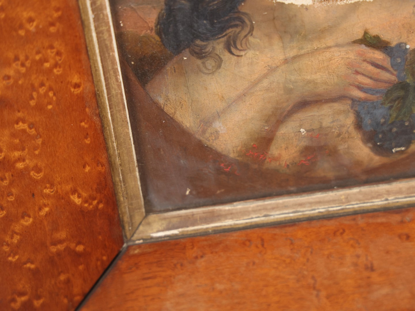 Lot 009 - 19th Century Oil On Canvas Painting Depicting A Woman In A Laurel Crown With Grapes, Likely After Another Work, Greek Or Roman Goddess, In Birdseye Maple Frame