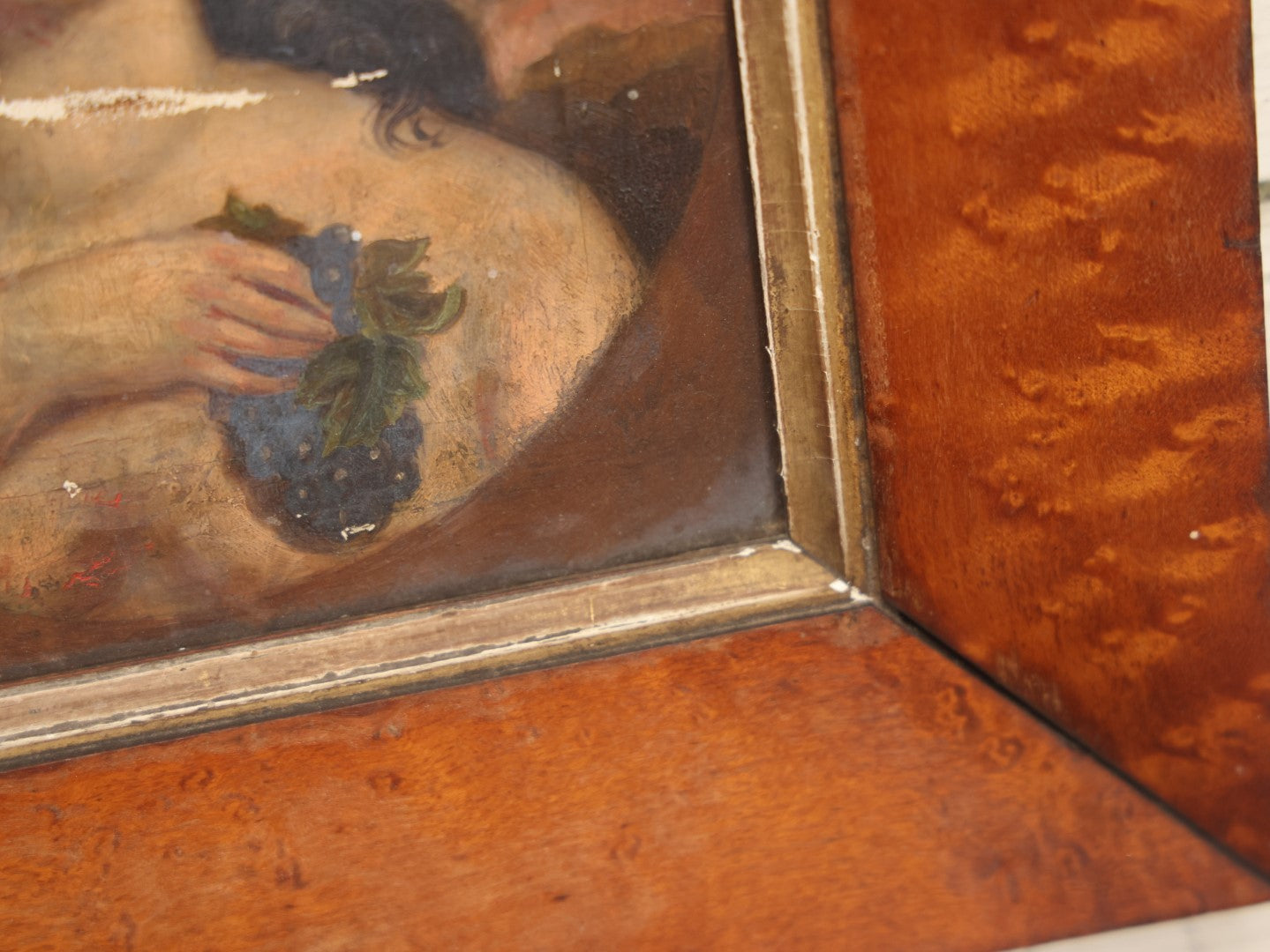 Lot 009 - 19th Century Oil On Canvas Painting Depicting A Woman In A Laurel Crown With Grapes, Likely After Another Work, Greek Or Roman Goddess, In Birdseye Maple Frame