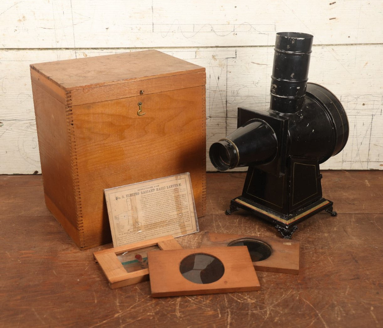 Lot 010 - Antique No. 2 Electro Radiant Magic Lantern Kerosene Lamp Projector In Original Box With Three Slides And Original Instructions'