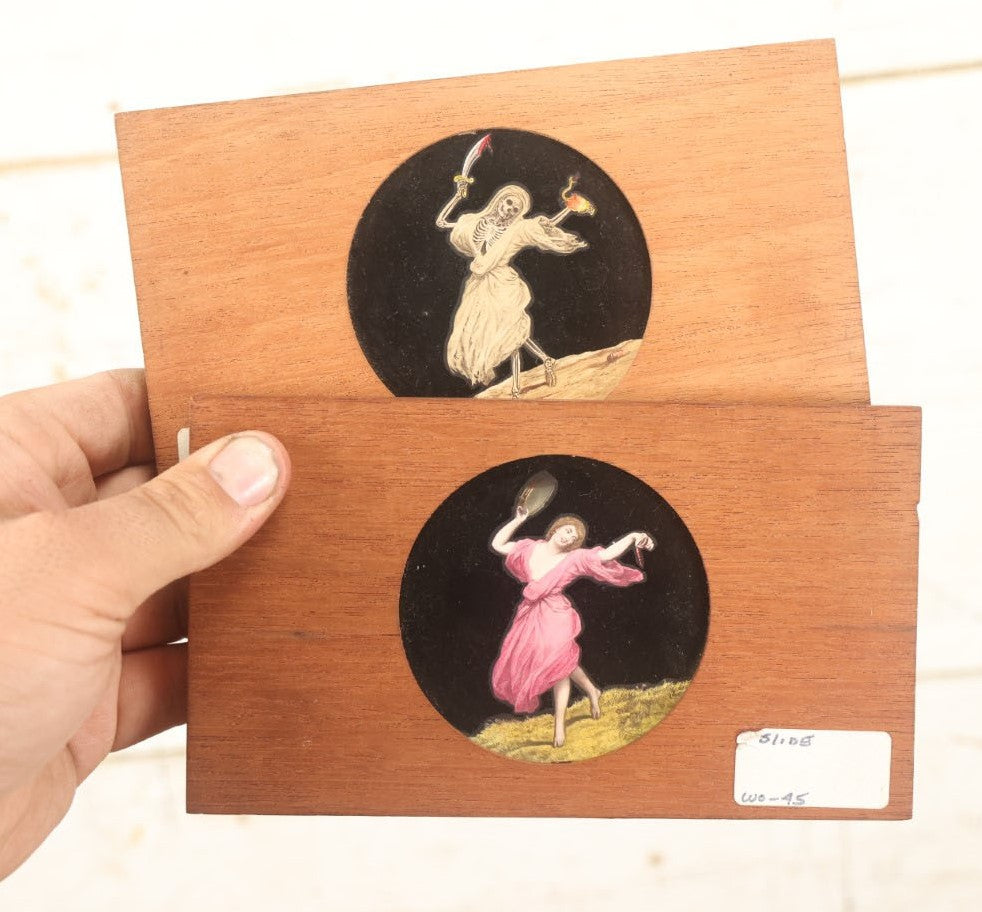 Lot 011 - Pair Of Antique Hand Colored Magic Lantern Slides, Dancing Skeleton And Woman, Combine To Make One Image, Dissolving Views, Biblical Proverb, By Mcintosh Battery & Optical Co., Chicago