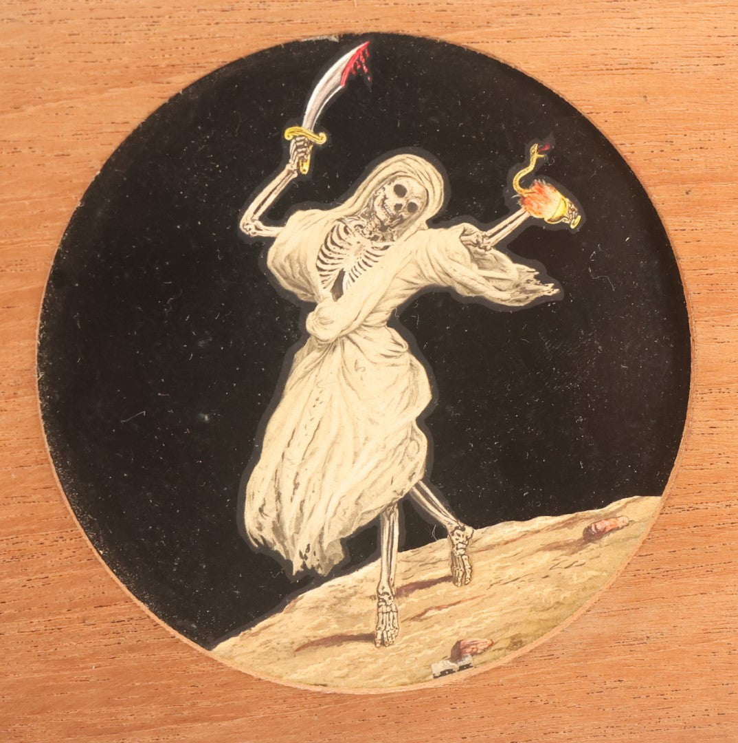 Lot 011 - Pair Of Antique Hand Colored Magic Lantern Slides, Dancing Skeleton And Woman, Combine To Make One Image, Dissolving Views, Biblical Proverb, By Mcintosh Battery & Optical Co., Chicago