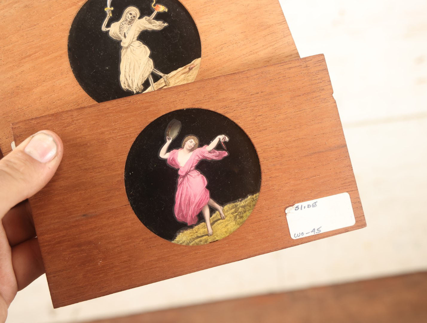 Lot 011 - Pair Of Antique Hand Colored Magic Lantern Slides, Dancing Skeleton And Woman, Combine To Make One Image, Dissolving Views, Biblical Proverb, By Mcintosh Battery & Optical Co., Chicago