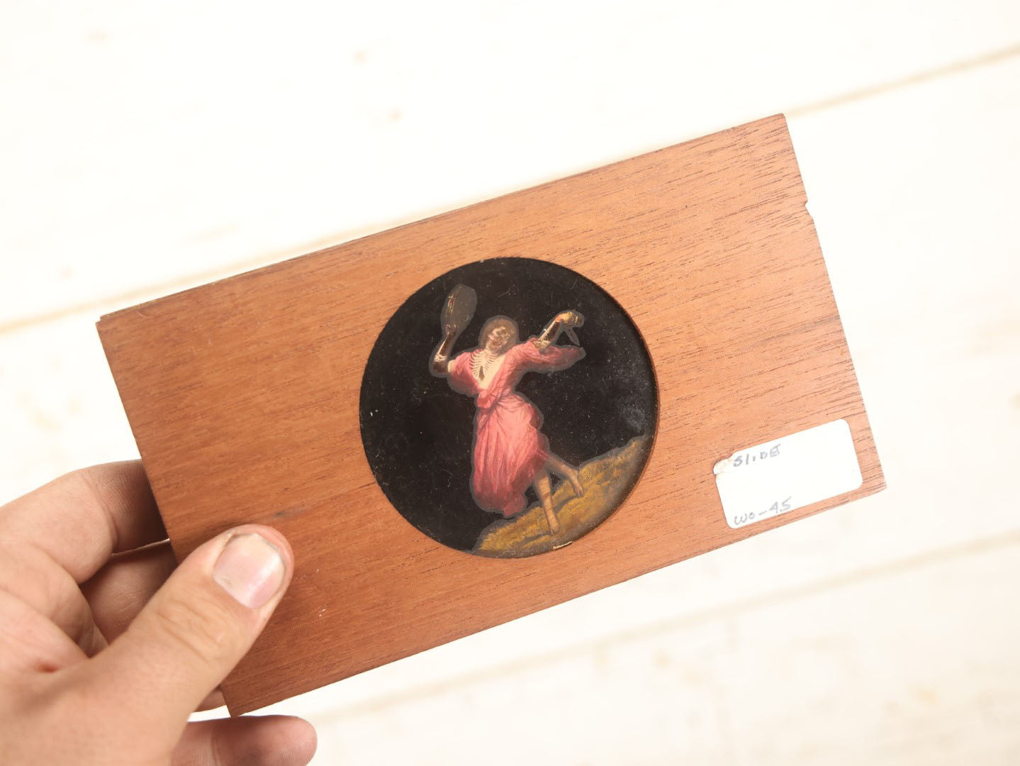 Lot 011 - Pair Of Antique Hand Colored Magic Lantern Slides, Dancing Skeleton And Woman, Combine To Make One Image, Dissolving Views, Biblical Proverb, By Mcintosh Battery & Optical Co., Chicago