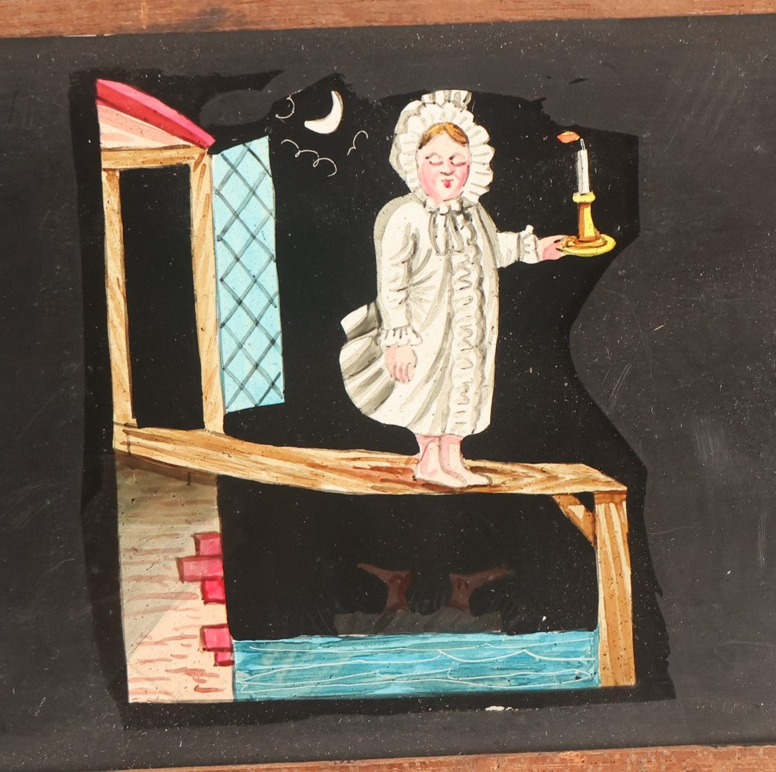 Lot 012 - Antique Animated Hand Painted Magic Lantern Slide Of Little Boy With Candle Falling In Water, Glass Slides To Change Scene