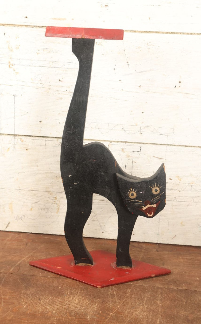 Lot 013 - Antique Folk Art Black Cat Smoking Stand Silent Butler, Hand Cut Hand Painted, Grinning, Halloween Decor