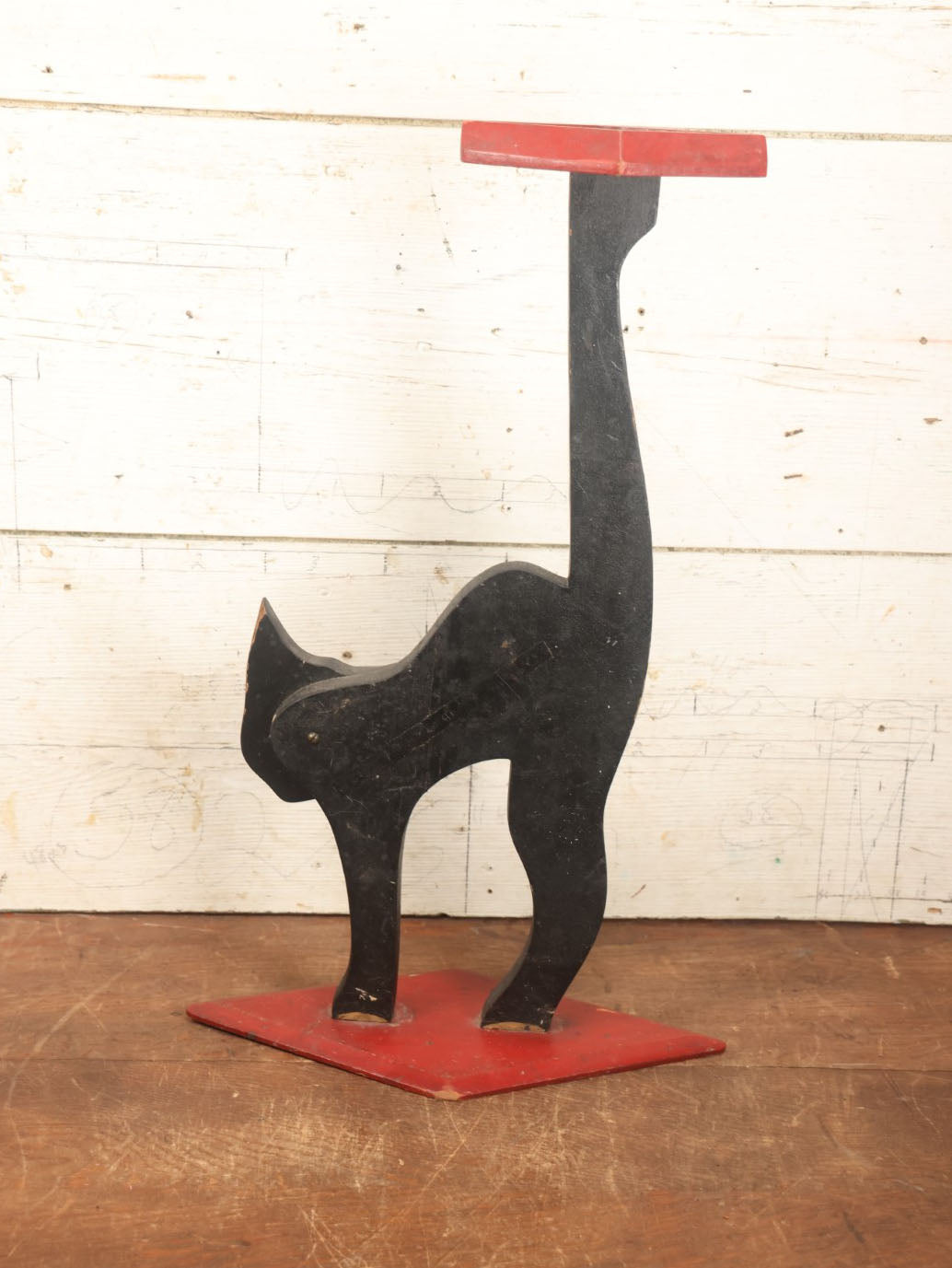 Lot 013 - Antique Folk Art Black Cat Smoking Stand Silent Butler, Hand Cut Hand Painted, Grinning, Halloween Decor