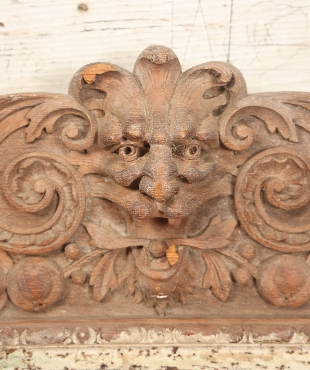 Lot 014 - Antique Hand Carved Wooden Furniture Fragment Salvage Of Green Man, Grinning Demon, Bacchus, Chair Topper