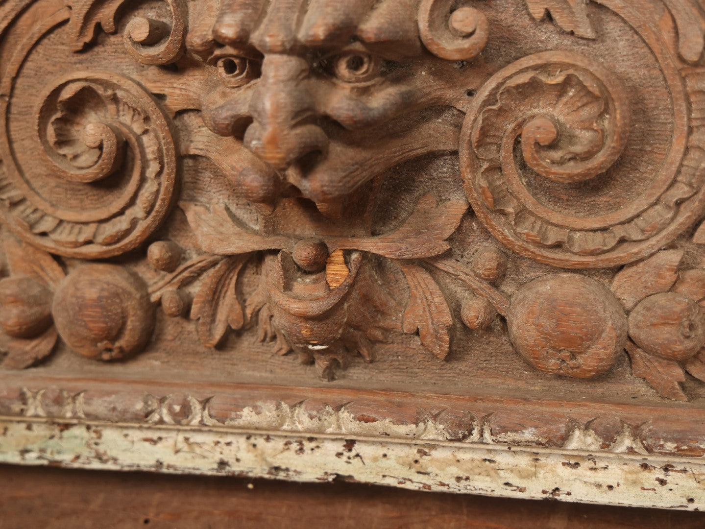 Lot 014 - Antique Hand Carved Wooden Furniture Fragment Salvage Of Green Man, Grinning Demon, Bacchus, Chair Topper