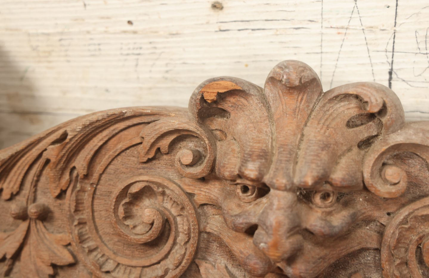 Lot 014 - Antique Hand Carved Wooden Furniture Fragment Salvage Of Green Man, Grinning Demon, Bacchus, Chair Topper