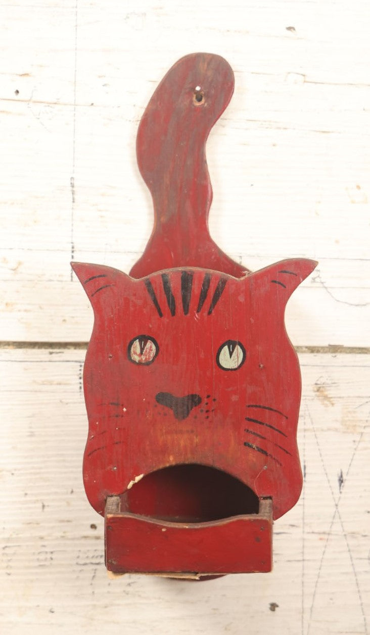 Lot 015 - Antique Folk Art Cat Match Box Holder And Strike, Hand Painted In Red, Hand Cut Wood