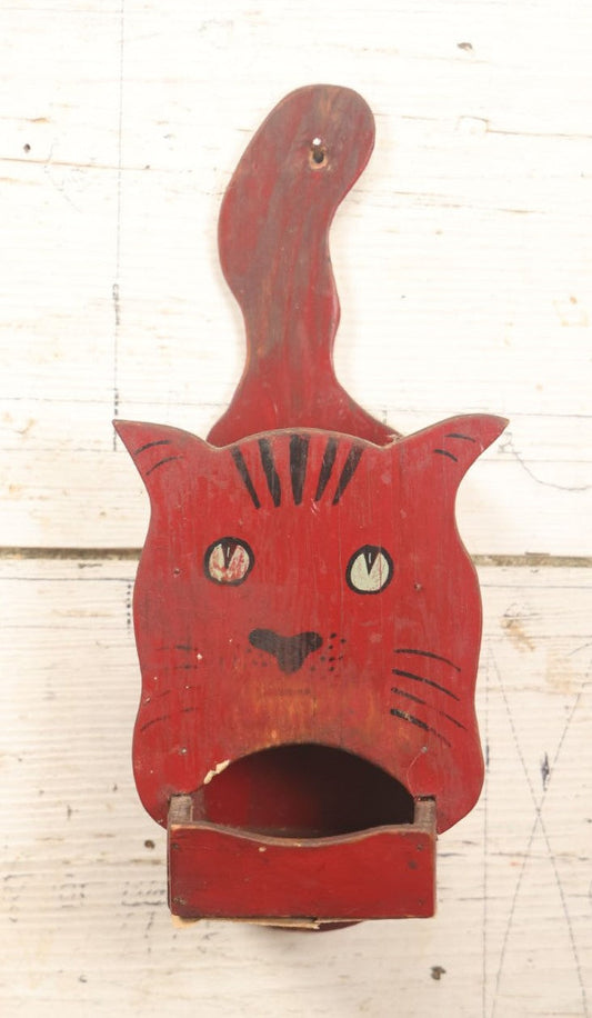 Lot 015 - Antique Folk Art Cat Match Box Holder And Strike, Hand Painted In Red, Hand Cut Wood