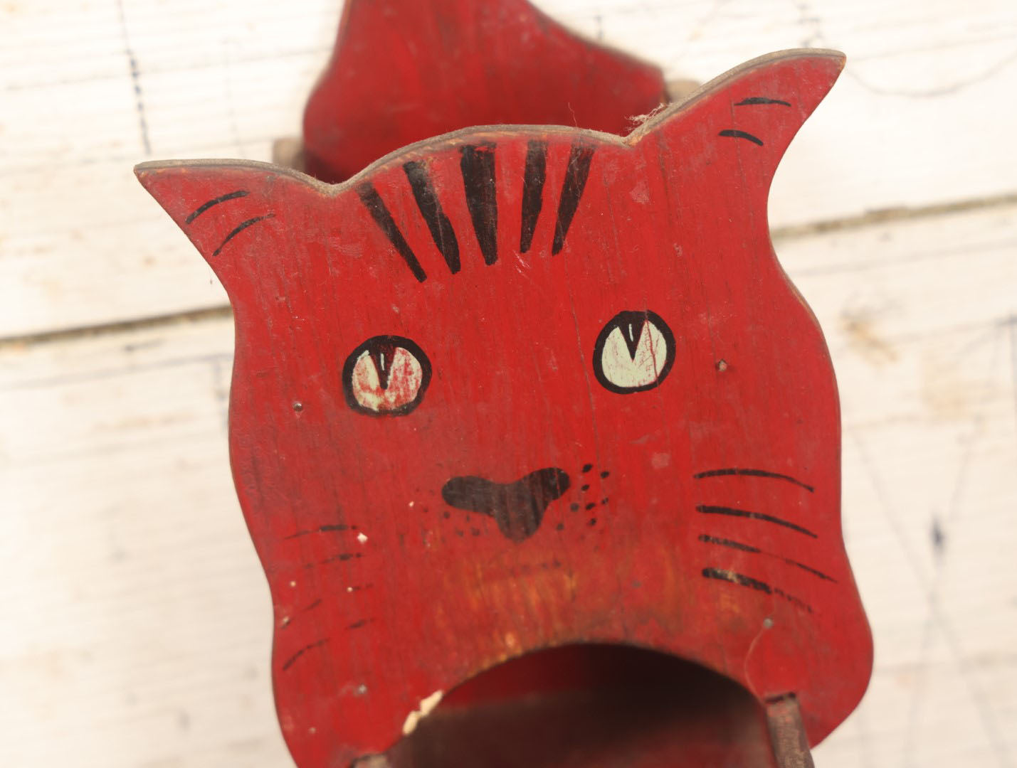 Lot 015 - Antique Folk Art Cat Match Box Holder And Strike, Hand Painted In Red, Hand Cut Wood