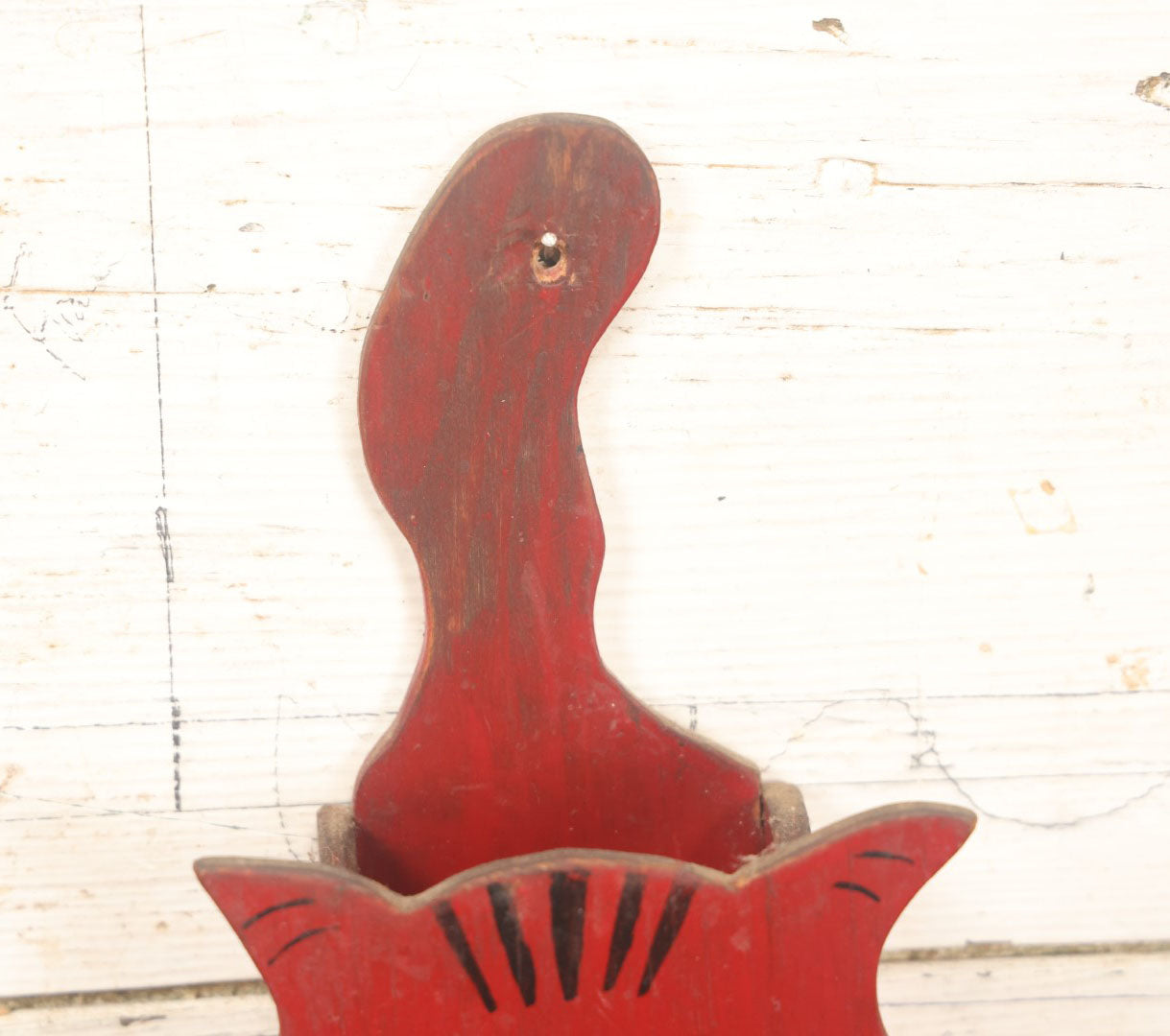 Lot 015 - Antique Folk Art Cat Match Box Holder And Strike, Hand Painted In Red, Hand Cut Wood