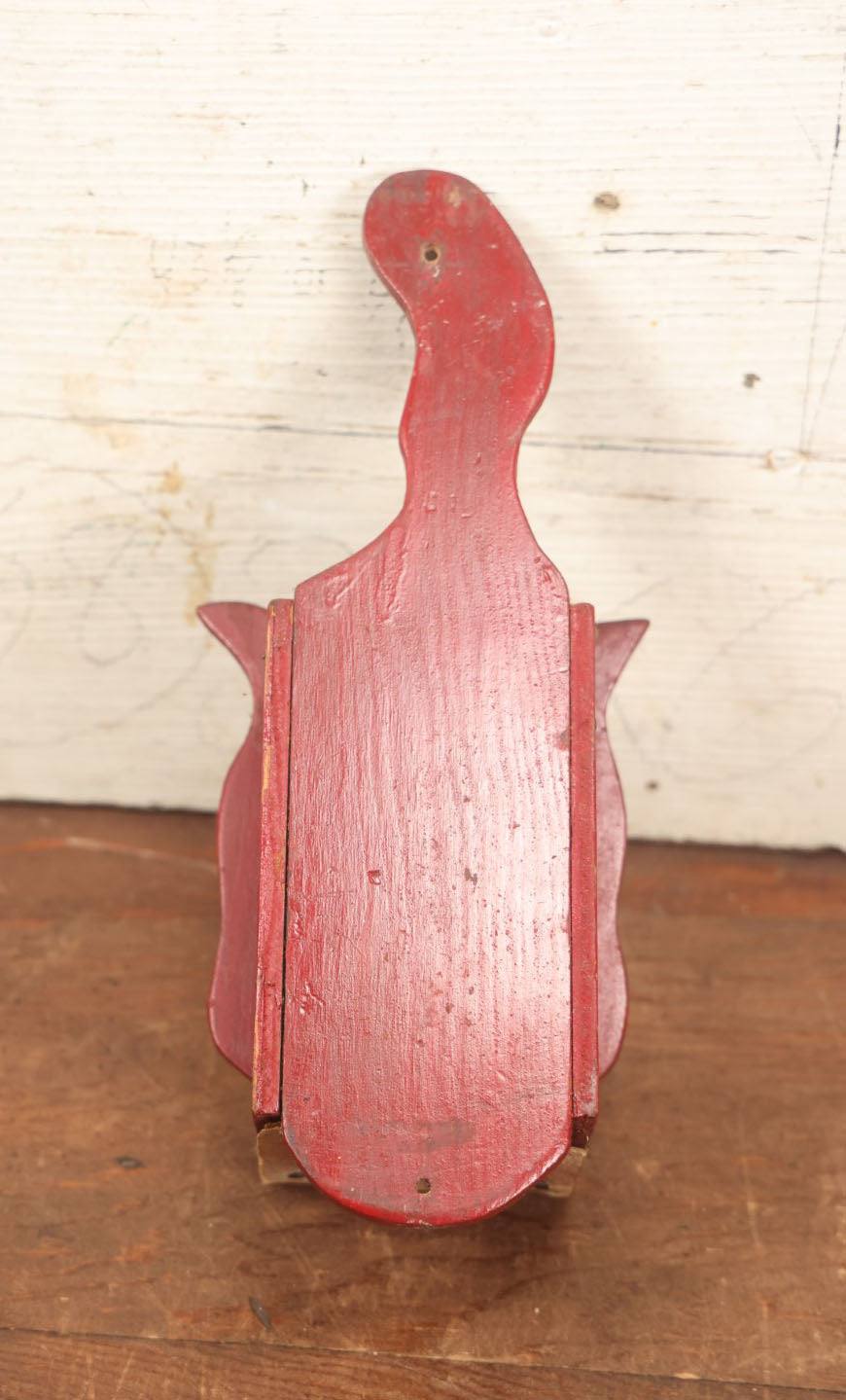 Lot 015 - Antique Folk Art Cat Match Box Holder And Strike, Hand Painted In Red, Hand Cut Wood