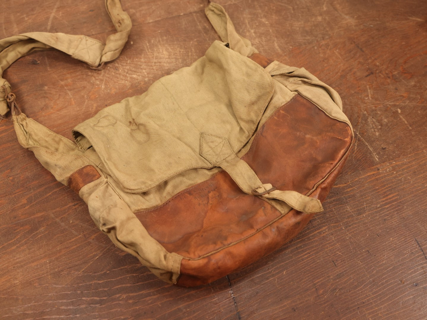 Lot 019 - Antique Canvas And Leather Shoulder Bag, World War 1 Era, Signed With Name, Overall Good Condition, No Holes