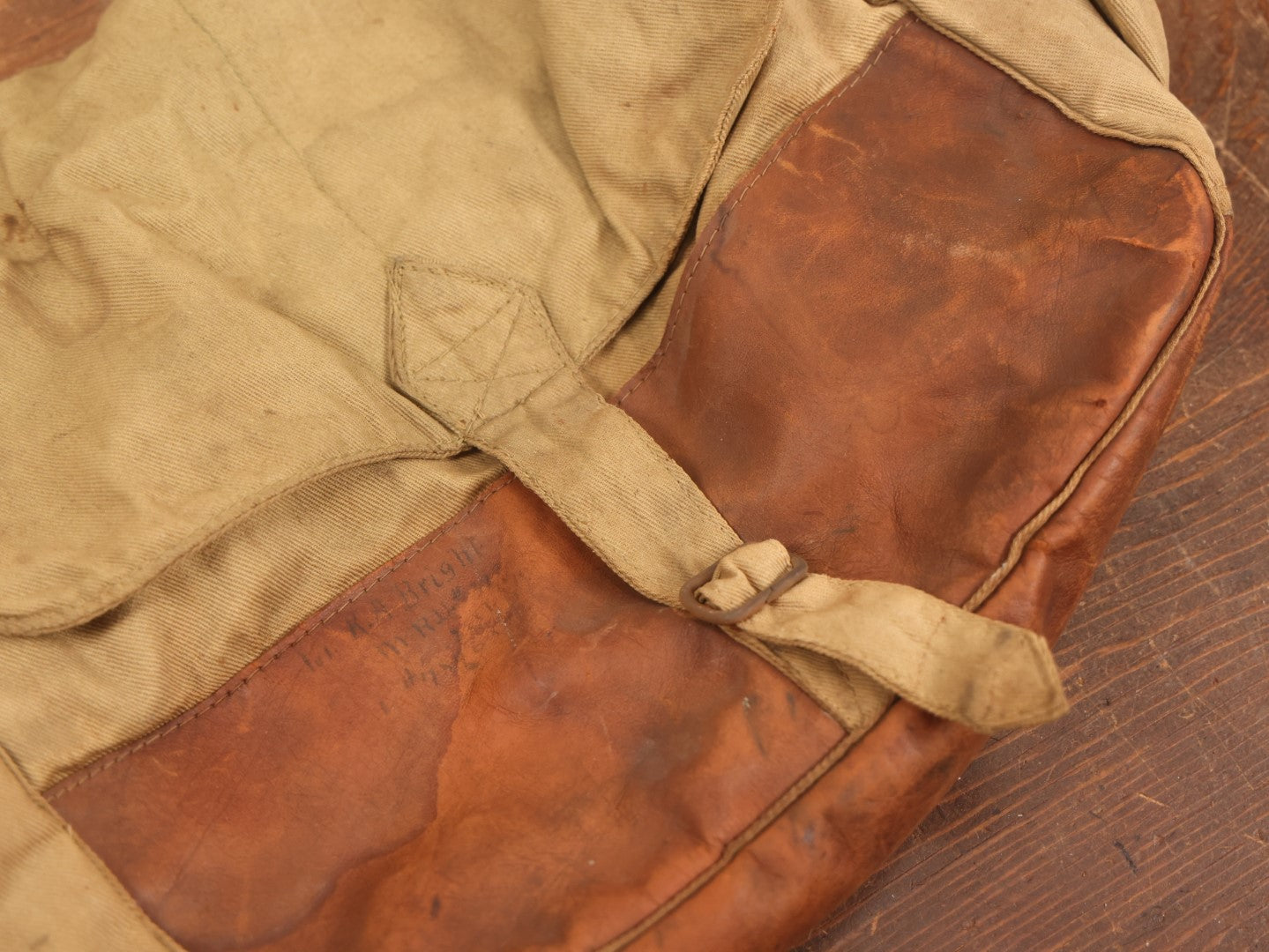 Lot 019 - Antique Canvas And Leather Shoulder Bag, World War 1 Era, Signed With Name, Overall Good Condition, No Holes