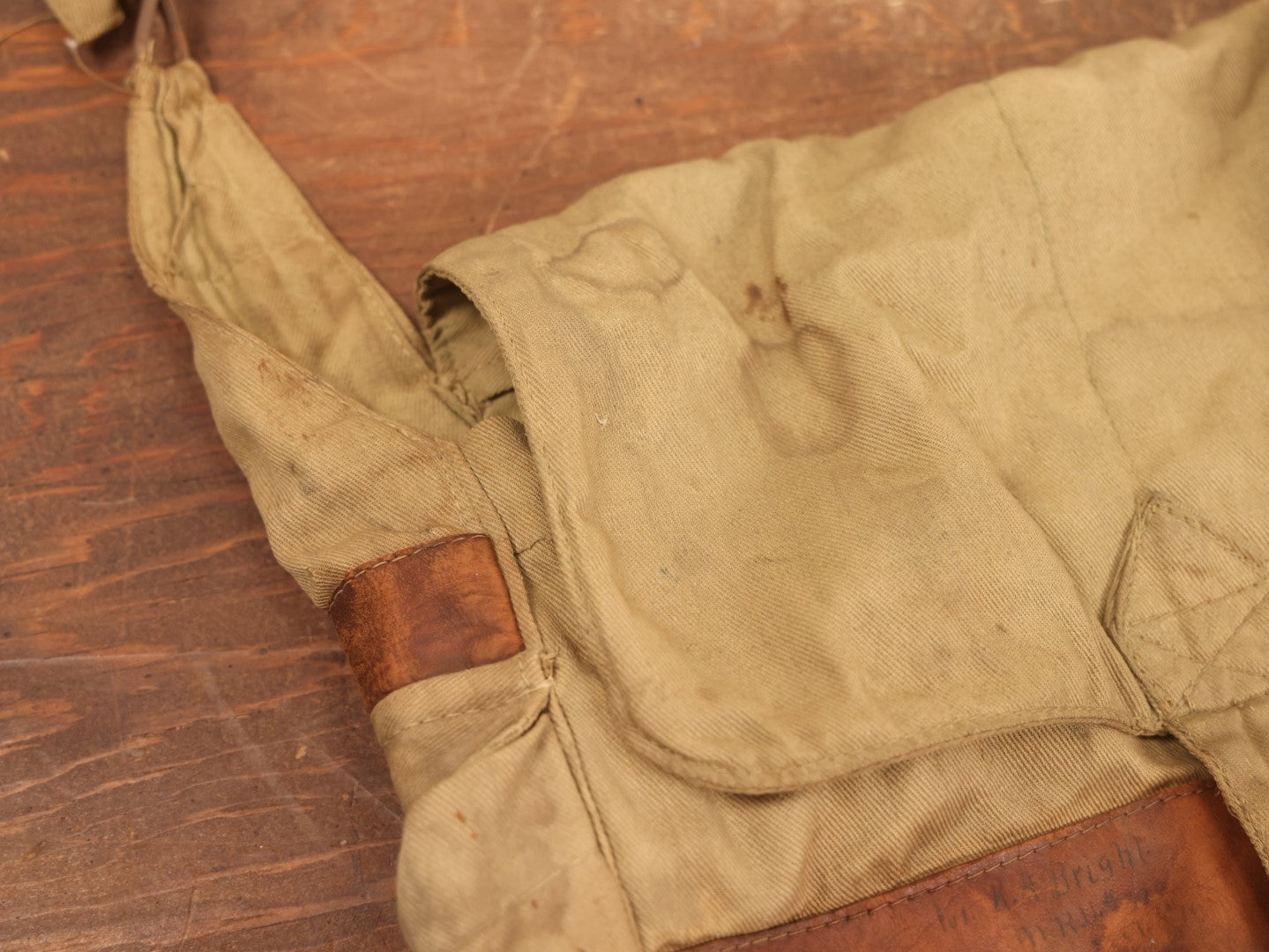 Lot 019 - Antique Canvas And Leather Shoulder Bag, World War 1 Era, Signed With Name, Overall Good Condition, No Holes