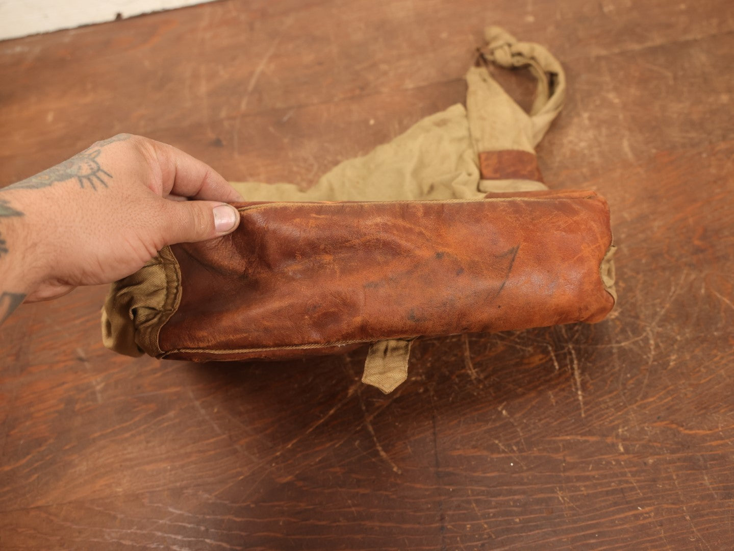 Lot 019 - Antique Canvas And Leather Shoulder Bag, World War 1 Era, Signed With Name, Overall Good Condition, No Holes