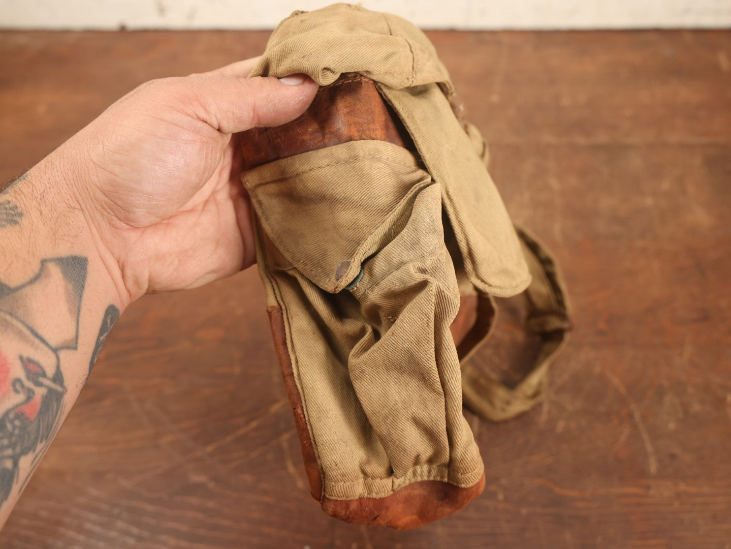 Lot 019 - Antique Canvas And Leather Shoulder Bag, World War 1 Era, Signed With Name, Overall Good Condition, No Holes