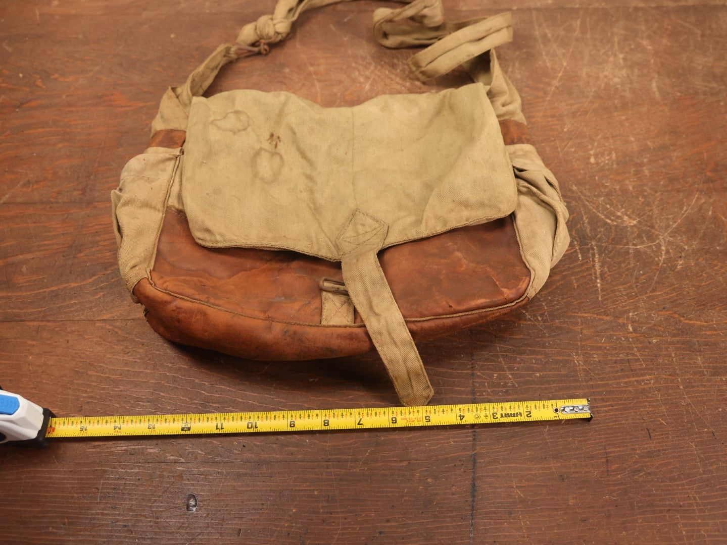 Lot 019 - Antique Canvas And Leather Shoulder Bag, World War 1 Era, Signed With Name, Overall Good Condition, No Holes