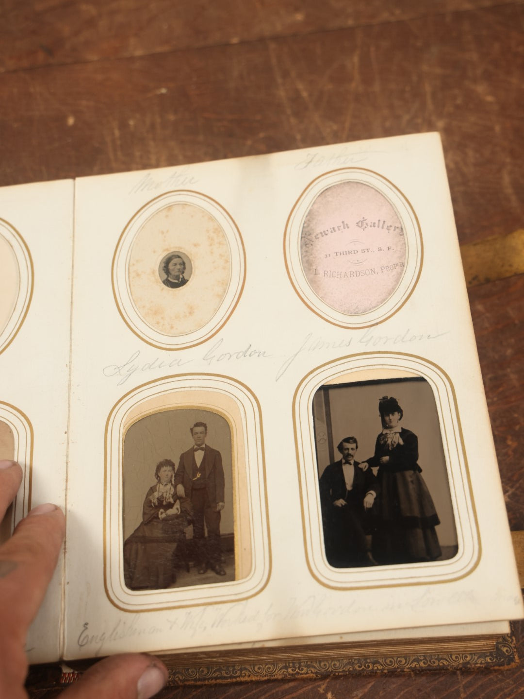 Lot 027 - Antique Family Photograph Album With 36 C.D.V. Photos, 9 Tintypes, And 27 Illustrated Filler Cards Of Various Scenes, Characters, Pretty Women