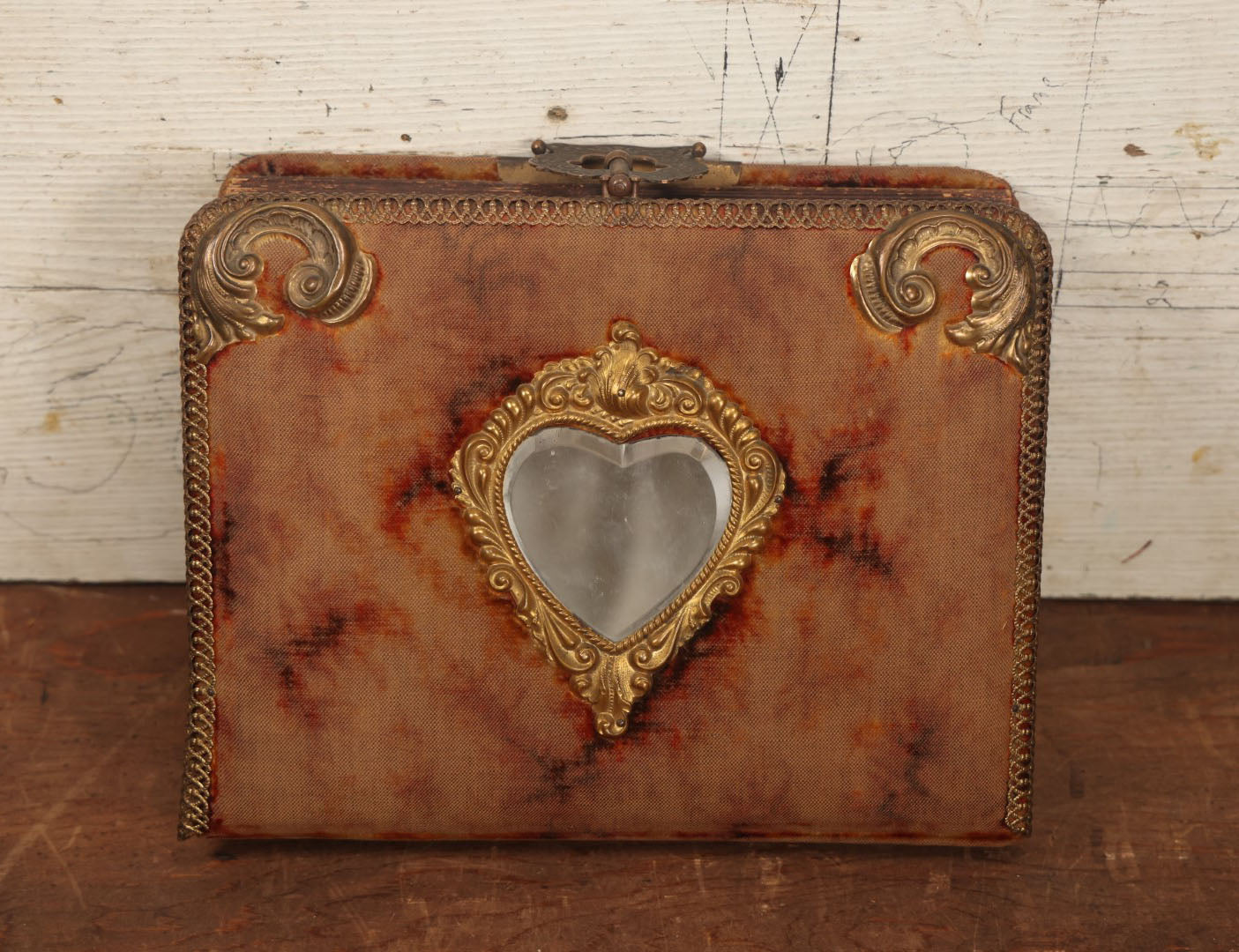 Lot 028 - Antique Family Photograph Album With Velvet Covering And Beveled Glass Heart Mirror, Containing 34 Cabinet Card Photos, 10 C.D.V.S, 1 Tintype, And 23 Paper Portrait Snapshots