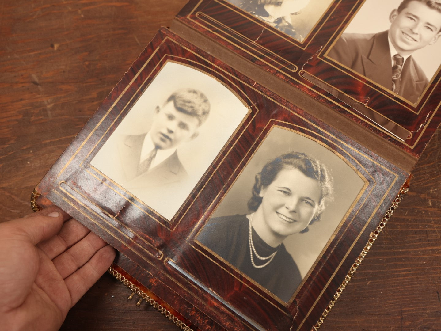 Lot 028 - Antique Family Photograph Album With Velvet Covering And Beveled Glass Heart Mirror, Containing 34 Cabinet Card Photos, 10 C.D.V.S, 1 Tintype, And 23 Paper Portrait Snapshots